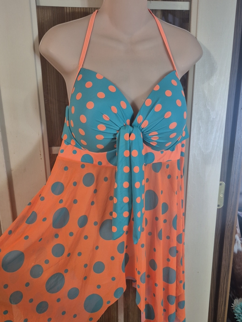 Polka Dot Halter Tie-Front Swimdress in Teal & Coral